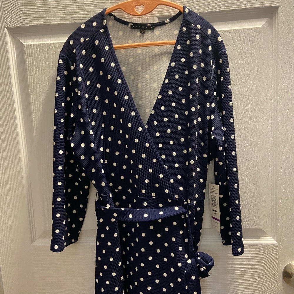 Tiana B. Navy Blue Polka Dot Wrap Dress